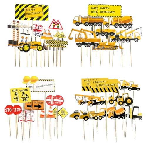 NJCXOLA 60 Stück Baustelle Tortendeko Essbar Kuchendeko Geburtstag Junge, Bagger Deko Kindergeburtstag, Bagger Muffin Deko Essbar,Esspapier Tortendeko Traktor, Cupcake Topper Gabelstapler