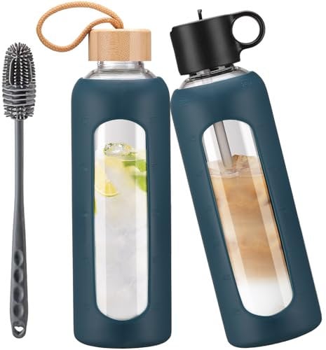 HYDRAGLAZIC 750ml Glass Water Bottle With 2 Lids-Flip Straw Lid, Bamboo Lid, Glass Water Bottle With Silicone Sleeve, Motivational Time Marker, Glass Juice Bottle for Cold Drink,Navy Blue