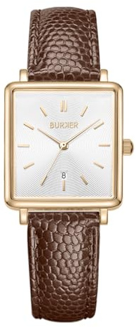 BURKER Damenuhr Daisy, Quadratische Damen Armbanduhr Lederarmband Edelstahl Analog Quarz 3-ATM Wasserdicht - 28 mm - Gold Braun Leder