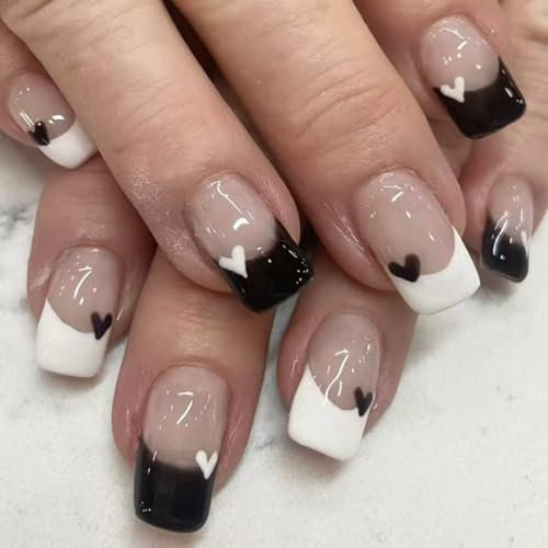 Balck White French Tip False Nails Medium Short, SXVME Nude Press On Nails Square with Cute Heart Desgin Natural Nude Acrylic Fake Nails Press ons Stick on Nails For Women 24 Pcs