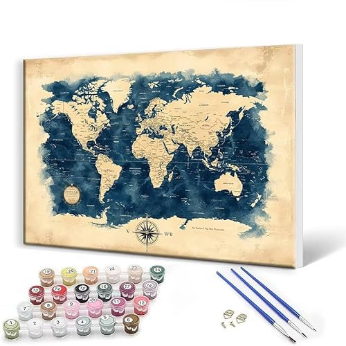 Dipingere con i Numeri Adulti con Telaio 70 x 90 cm Paint by Numbers retrò Mappa del mondo Dipingere con i Numeri Bambini 7 8 9 10 anni, Creativi Quadri da dipingere numerati for Décoration murale G-4