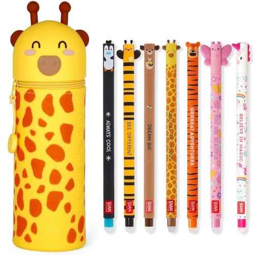 LEGAMI - Set of 7 Erasable Gel Pens + 2-in-1 Pencil Case Pen Pot - with Thermosensitive Erase Ink, Ink colours & barrel designs, 0.7mm Tip, Set 2 (Giraffe)