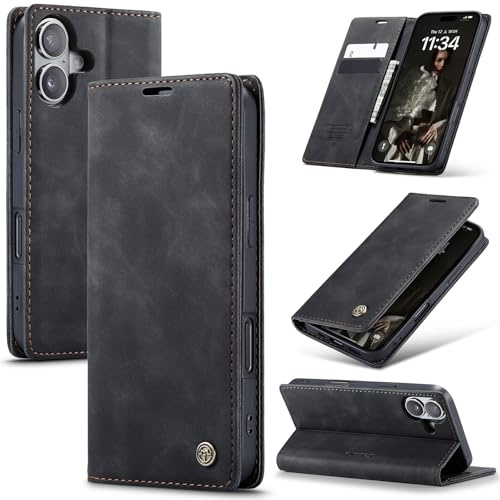 Azororo Handyhülle für iPhone 16 Plus 5G Hülle Premium Lederhülle Flip Case Magnet Tascher Kartenfach Standfunktion Klapphülle Schutzhülle für iPhone 16 Plus, Schwarz