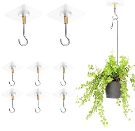 OYIWINMI 8 ganchos de techo para colgar plantas, ganchos de techo autoadhesivos, sin necesidad de taladrar, ganchos adhesivos para techo de PVC transparente con ganchos para plantas de acero