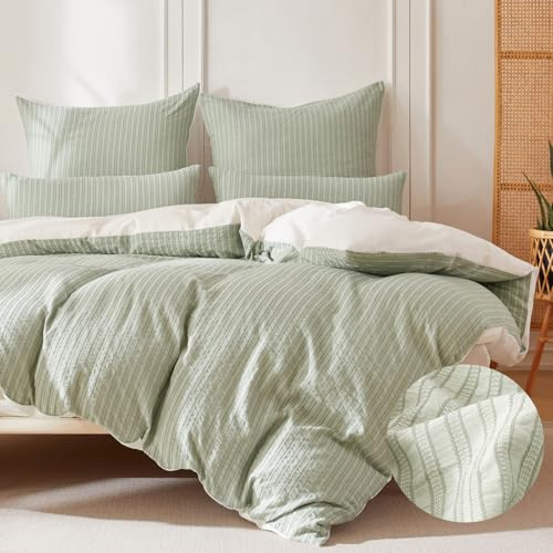 SOULFUL Bettwäsche 220x240 Baumwolle Jacquard Oeko-TEX Salbeigrün | Gewaschene Baumwolle Boho Bettwäsche-Sets mit Reißverschluss Atmungsaktiv Enthält 1 Bettbezug 220x240 und 2 Kissenbezug 80x80