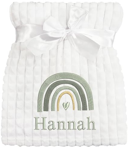 Personalised Baby Blanket Embroidered Rainbow & Name Soft Fleece Wrap (Grey Rainbow White Squares)