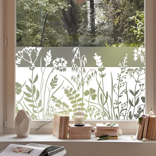 dktie Fensterfolie Blickdicht Sichtschutzfolie Weißem Hohlem Pflanzenmuster Statische Aufkleber ohne Klebstoff Wiederverwendbar Geeignet für Wohnzimmer, Schlafzimmer, Küche 44.5x200cm
