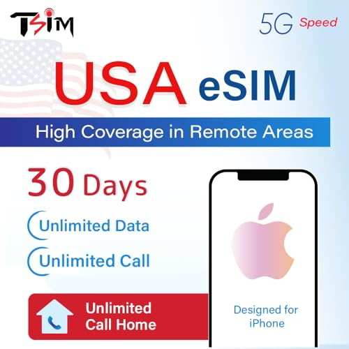USA eSIM für Touristen – Unbegrenztes 5G-Datenvolumen + Unbegrenzte Anrufe & SMS | Hohe Abdeckung in abgelegenen Gebieten | 30-Tage-Plan | US-Nummer & 10 GB Hotspot | Für iPhone entwickelt