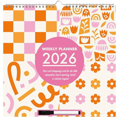 Wandkalender 2026 | leuchtend & moderner 5-spaltiger Monatsplaner mit Stift, abwischbarer Overlay & Abreißbare Einkaufs- & To-Do-Listen | buntes Karo- & Blumen-Design