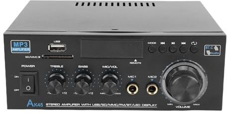 Fockety Stereo-Audio-Verstärker, 2.0-Kanal-Stereo-Verstärker, Audio-Receiver, USB-Speicherkartensteckplatz, AUX-Mikrofon-Eingangsbuchse, Leistungsstarker Verstärker mit Mikrofon-Buchse für