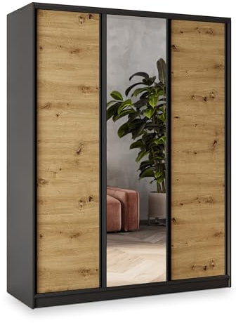 Masseno Schwebetürenschrank Sore 150/205/58 cm Kleiderschrank mit 4 Schubladen Schlafzimmer Schiebetürenschrank 3-türig mit Spiegel Schwarz/Eiche Artisan
