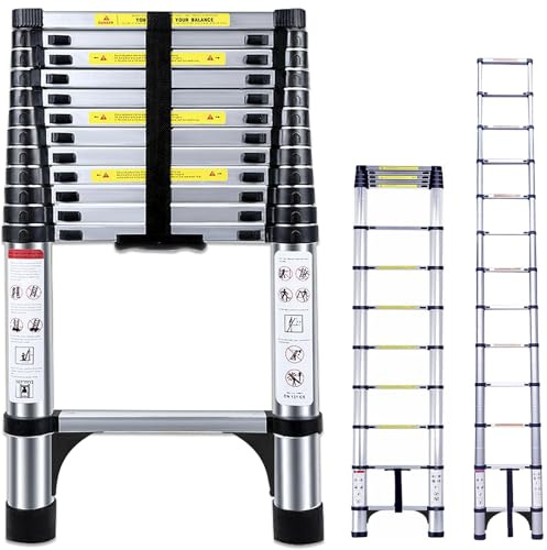 Telescopic Ladder 4.5M Aluminium Extension Ladder, Loft Ladder | Multi Purpose Adjustable Height Ladders Extendable, Folding Ladders Non-Slip Feet & Safety Locks for Roof Attic Caravan