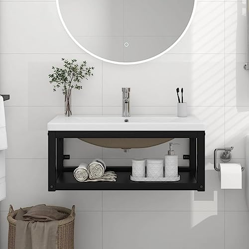 Mimdixy Meuble sous lavabo, avec lavabo en fer noir, pour salle de bain, salon et cuisine