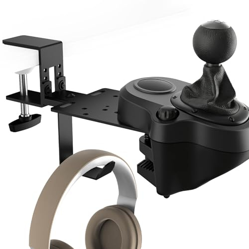 Racing Shifter Desk Mount - Racing Simulator Shifter Mount Clamp with Headphones Holder, Compatible with Logitech, Thrustmaster, Fanatec, Moza, Simagic, Turtle Beach & Heusinkveld Sim Racing Shifters