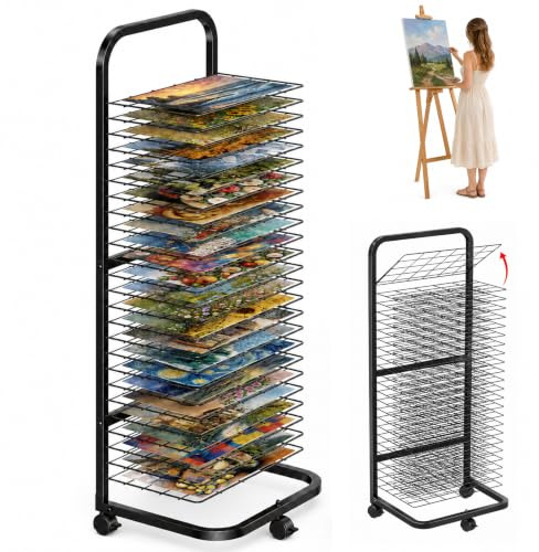 Jevervd Art Drying Rack with 25 Removable Shelves, Mobile Metal Paint Drying Stand with Lockable Wheels, Functional Canvas Rack Art Storage for Artwork in Classrooms, Art Studios and Schools