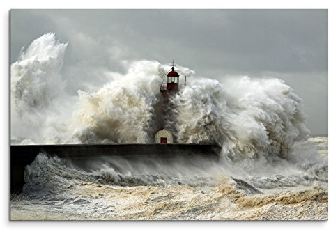 Paul Sinus Art Leinwandbild 90x60cm Landschaftsfotografie – Leuchtturm im schweren Sturm