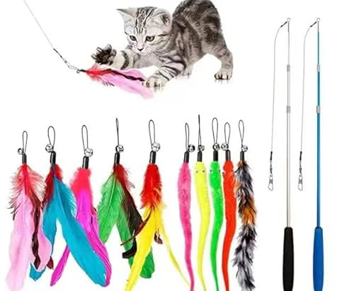 Jiaron Katzenspielzeug mit Federn, 2 einziehbare Katzenstab-Spielzeuge und 10 Ersatz-Lockfedern mit Glöckchen, interaktives Fangspielzeug und lustiges Training für Kätzchen oder Katzen