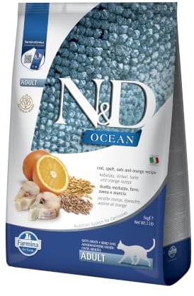Farmina N&D Ocean Adult Pellets Katzenfutter(Trockenfutter, mit hochwertigen Vitaminen und natürliche Antioxidantien, ohne Mais, Zutaten: Kabeljau, Dinkel, Hafer und Orange, Portionsgröße: 5 kg)