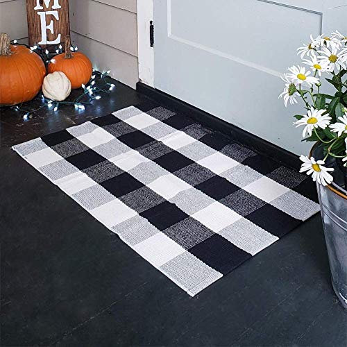 Cotton Buffalo Plaid Rugs Black and White Checkered Rug Door Mat Rags for Kitchen Carpet Bathroom Outdoor Porch Laundry Living Room Braided Throw Area Mats Washable Woven Buffalo Check (60*90cm)