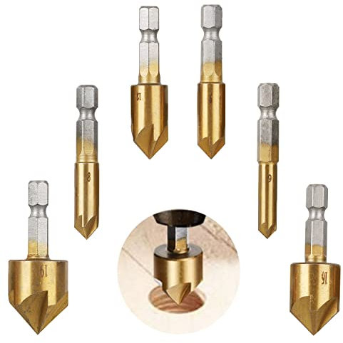CEEYSEE 6 Pezzi Svasatore Conico in HSS Titanio Rivestito 90° Gradi Ø 6 mm - 19 mm Punte Da Trapano Per Smusso Fresa Per Falegname Metallo (6 mm - 19 mm)