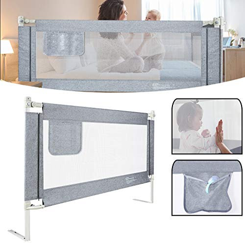 AufuN Bettgitter Tragbares Kinderbettgitter Babybettgitter zum vertikalen Heben, Babybettgitter Gitter Sicherheitsschutz Rausfallschutz (200CM, Grau)