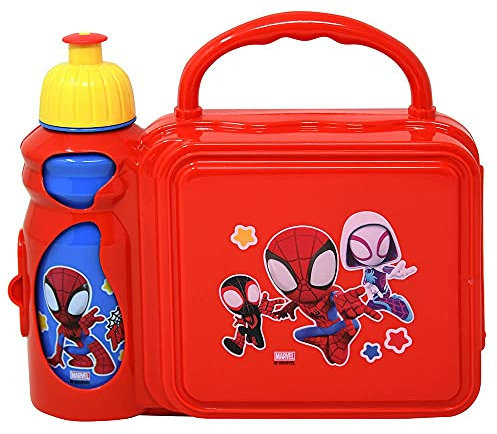 Zak Designs - Fiambrera de Spiderman para niños y niñas con botella de agua de Spiderman con tapa de tirador, caja de almuerzo para niños con soporte para botella de agua, juego de 22,3 cm