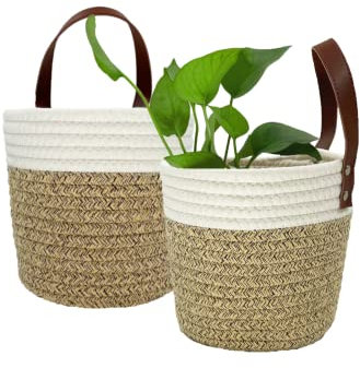 SOQKEEN Small Storage Baskets, 2 Pack 6(15cm) Cotton Woven Hanging Plant Pots Storage Baskets with Leather Handles for Sunglasses Key, Indoor Plants Flower, Bathroom Accessories (Flaxen & White)