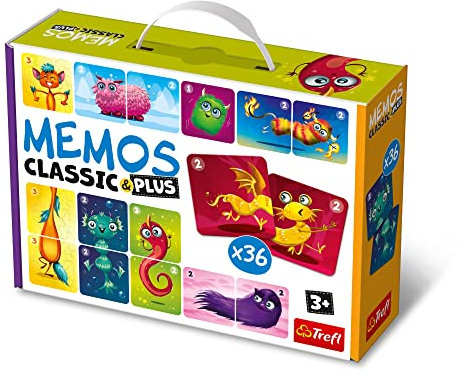 Trefl - Memos Classic & Plus, Niedliche Monster - Lernspiel für Kleinkinder, Paare und Dreifachbilder Finden, Verschiedene Varianten von Spaß, klassisches Gedächtnisspiel für Kinder ab 3 Jahren