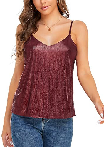VIDUSSA Damen Funkelnde Tops Ärmellose Camisole Tank Tops Pailletten V-Ausschnitt Oberteile Shirt Blusen Weinrot L