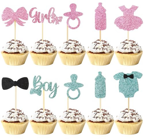 30pz Babyshower Cupcake Topper Boy or Girl Gender Reveal Ragazzo e Ragazza Glitter Rosa Blu Cake toppers Decorzione per Festa Partito Rivelazione di Genere