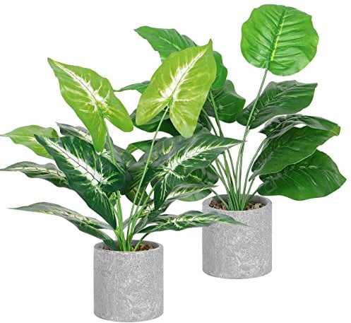 Dremisland 2pcs Fake Plants Artificial Palm Plants in Pot 16 Tall Artificial Potted Plants with Grey Pot Faux Foliage Greenery Plants for Office Desk Shelf Table Bathroom Bedroom Indoor Décor