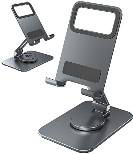 Teskyer Phone Stand, Adjustable Phone Holder Stand, 360° Rotation, Foldable Aluminum Mobile Phone Stand for Desk, Compatible with Phones and Tablets, Gray