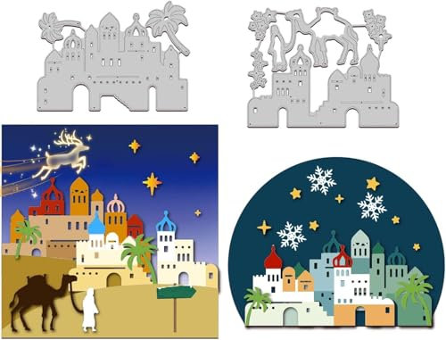 GLOBLELAND 2 Set Bethlehem Town Stanzformen für die Herstellung von Kartendekoration Schlossbaum Kamel Tierreisender Stanzformen Schablonen für Scrapbooking Fotoalbum dekorativ