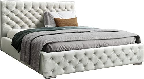 WFL GROUP Samtstoff Polsterbett Doppelbett 140x200 160x200 180x200 cm Bettgestell Mit Bettkasten Lattenrost und Gestepptes Kopfteil - Hydrophobe Stoff - Chesterfield-Stil - Hell Beige - 160 x 200 cm