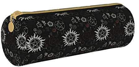 DCARSETCV Supernatural Symbole Federmäppchen, niedliches Federmäppchen, zylinderförmig, Leder, Federmäppchen, Büro, Bleistiftbox, Tasche, Geschenke für Erwachsene, Teenager, Schule, Mädchen, Jungen,