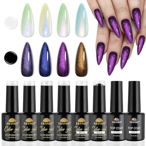 EBANKU 8PCS Pearl Gel Nagellack Set, 4 Farben Shimmer Pearl Wirbel Faden Effect UV Nagelgel Glitzer Gel Thread Shell Gel Polish Soak Off UV Nagellack mit Weiß Schwarz Base Coat Glossy Matt Top Coat