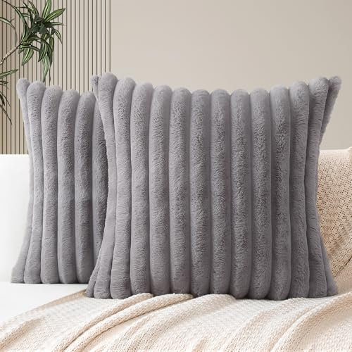 JOTOM 2er Set Doppelseitige Kunstpelz Plüsch Kissenbezüge, Dekorative Weich Kissenbezug Moderne Kissenhülle Sofakissen Zierkissenbezug für Wohnzimmer Schlafzimmer Deko (45x45cm, Grau)