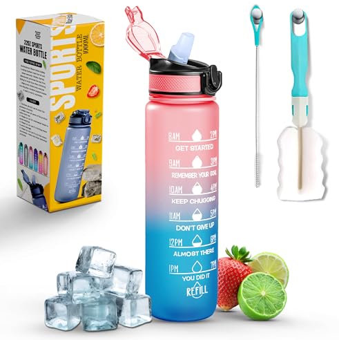 K-MART Sports Water Bottle with Straw and Time Marking, and 32OZ Capacity - Motivational and Eco-Friendly BPA-Free Bottle for Running, Gym, Yoga, Outdoors, and Camping (Style-1, Pink-Blue)