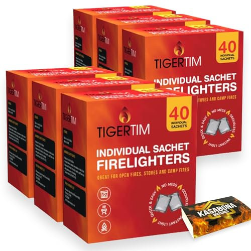 Tiger Tim Firelighters Sachets Mess Free Odourless Safe Quick Fire Starter hotspot Burners BBQ Coal Wood Burners with KasaBona Safety Matches (240 Firelighters)