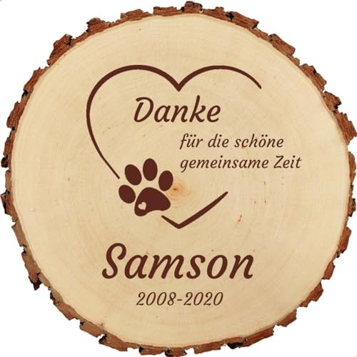 Baumscheibe 18cm mit Gravur (Name) personalisierte Tier-Gedenktafel Grabschmuck Trauer-Gedenkplatte Holz, Andenken Hund/Katze Grab-Dekoration, Herz Pfote MotivT7