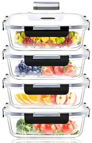 ERUIV 1520ml Recipientes de Cristal Para Alimentos - 4 pieza (4 envase, 4 tapa) Set de Contenedores de Alimentos, Apto Para Lavavajilla, Microondas, Congelador, A Prueba de Fugas, Sin BPA