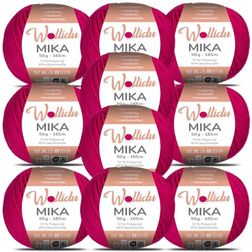 Wollidu Mika 51% Polyacryl 49% Baumwolle zum Häkeln und Stricken 10x 50g/165m Oeko-Tex Strickgarn Häkelgarn - Dunkel-Fuchsia