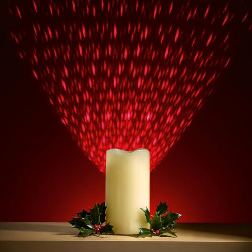 LED Candle With Light Projector - Battery Powered Real Wax Flame Free Realistic Flickering Candle with Red Projection Laser, Festive Christmas Xmas Tabletop Decoration - Measures H15cm x 8cm Diameter