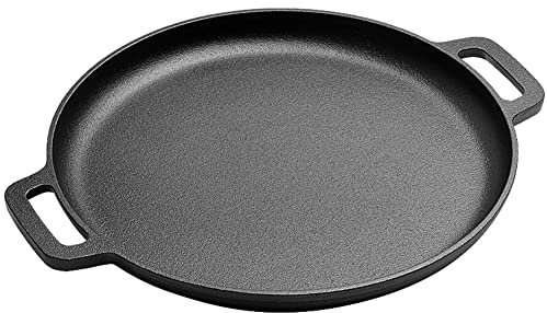 Sartén de hierro fundido para pizza de acero con asas, piedra profunda para horno o plancha para gas, 33 x 33 cm