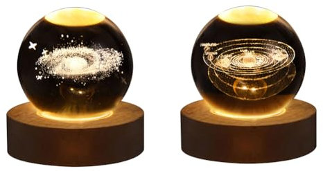 Demiawaking USB 3D Kristallkugel mit Holzsockel 3D Sonnensystem mit LED, Tischdeko Planet Lampe Nachtlicht, Geburtstag Kinder Geschenke, Party Deko (Nebel + Sonnensystem)