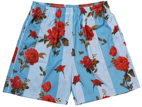 DIOTSR Herren-Shorts, Freizeit-Shorts, Streetwear, coole Basketball-Shorts, Laufen, Workout, Shorts mit Taschen, Kordelzug an der Taille, Rote Blumen mit Blau, Mittel