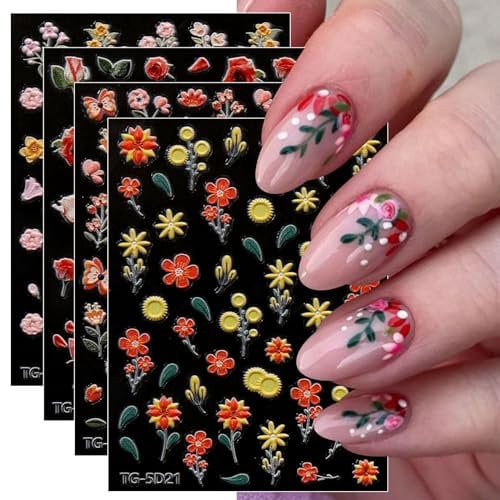 JMEOWIO 3D Embossed Flower Nail Art Stickers Decals Self-Adhesive 5D Colorful Floral Spring Summer Sunflower Nail Supplies Nail Art Design Decoration Accessories 4 Sheets