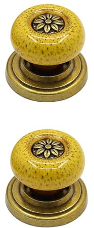 2 Pack Antique Cabinet Knobs Vintage Ceramic Drawer Pulls Furniture Door Knobs Round Single Hole Cupboard Knobs with Screws Wardrobe Handles for Dresser Cabinet,Decorative (A,Yellow)