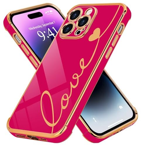 LCHULLE Compatible with iPhone 14 Pro Case for Women Girls,Cute Luxury Plating Love Heart Design Soft TPU Cover Shockproof Full Camera Lens Protection Phone Case for iPhone 14 Pro,Hot Pink