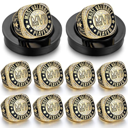 Highergo 10pcs Softball Soccer Baseball MVP Championship Trophy Ring with Display Neck Chain and Stand Basketball Cheerleading Bowling Football Volleyball Track Field for Award Gift